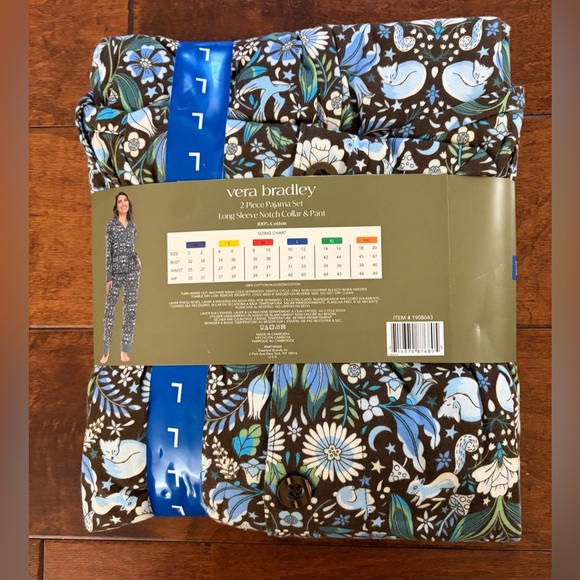 ❤️Vera Bradley Blue Floral 2-Piece Pajama Set 100% cotton New size L - Picture 2 of 3